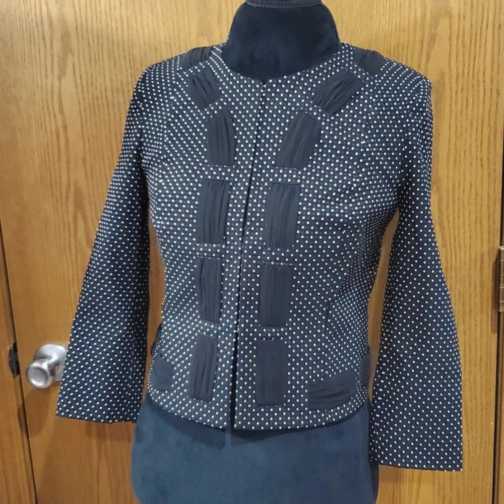 Cabi Dotted Black White Grey Crop Blazer Embellished Ribbon